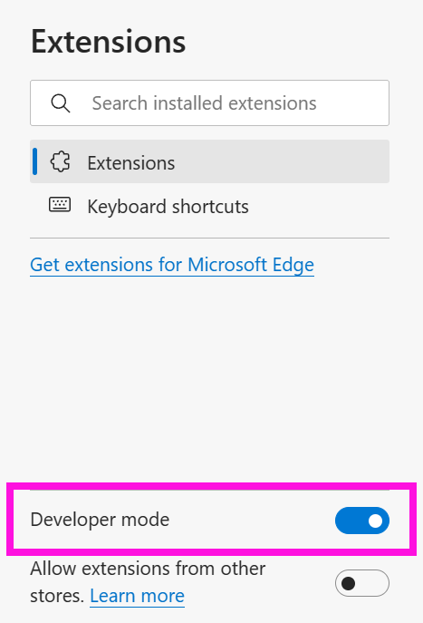 Microsoft Edge Extensions settings page