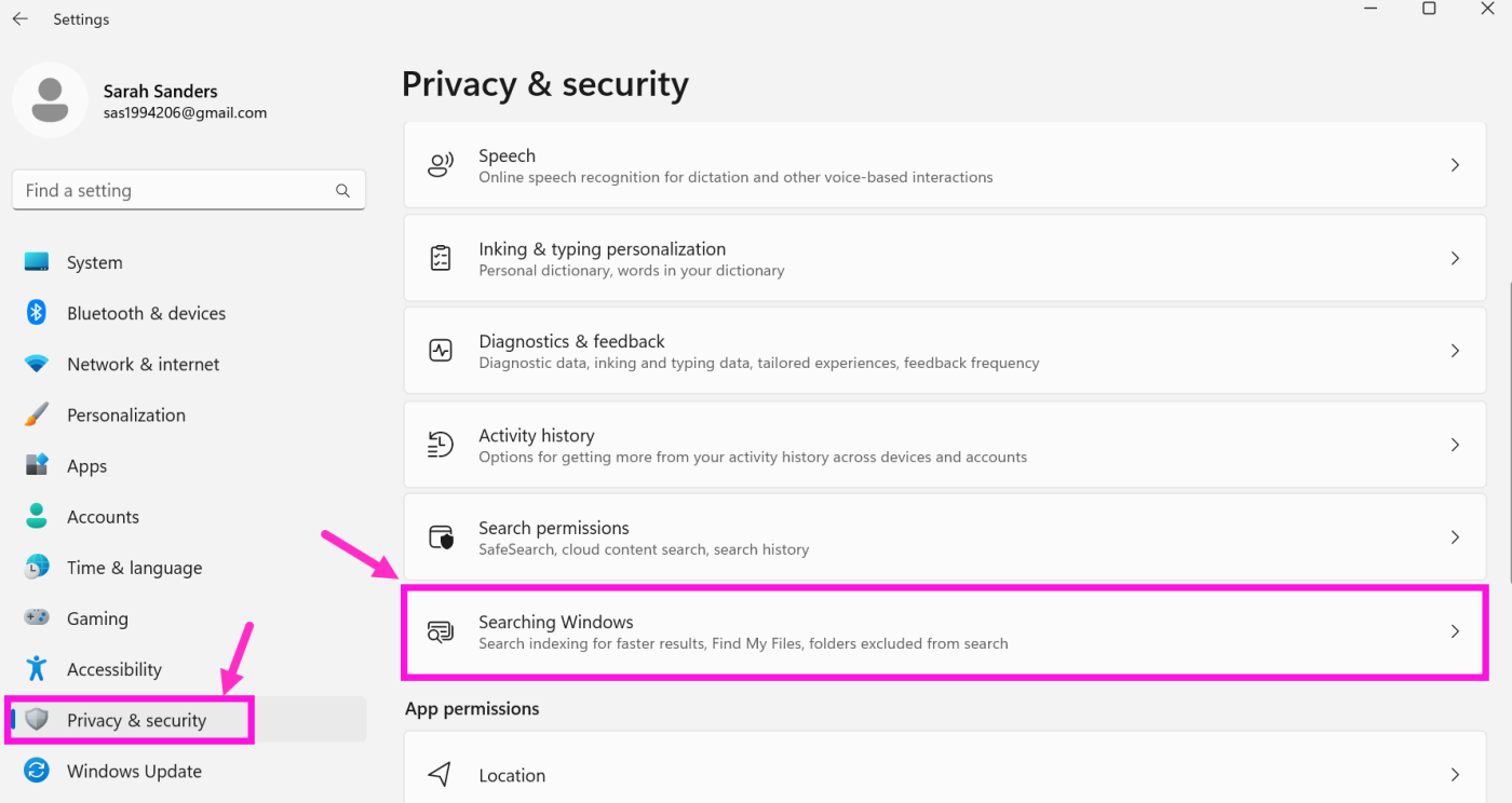 Windows Privacy & Security settings page